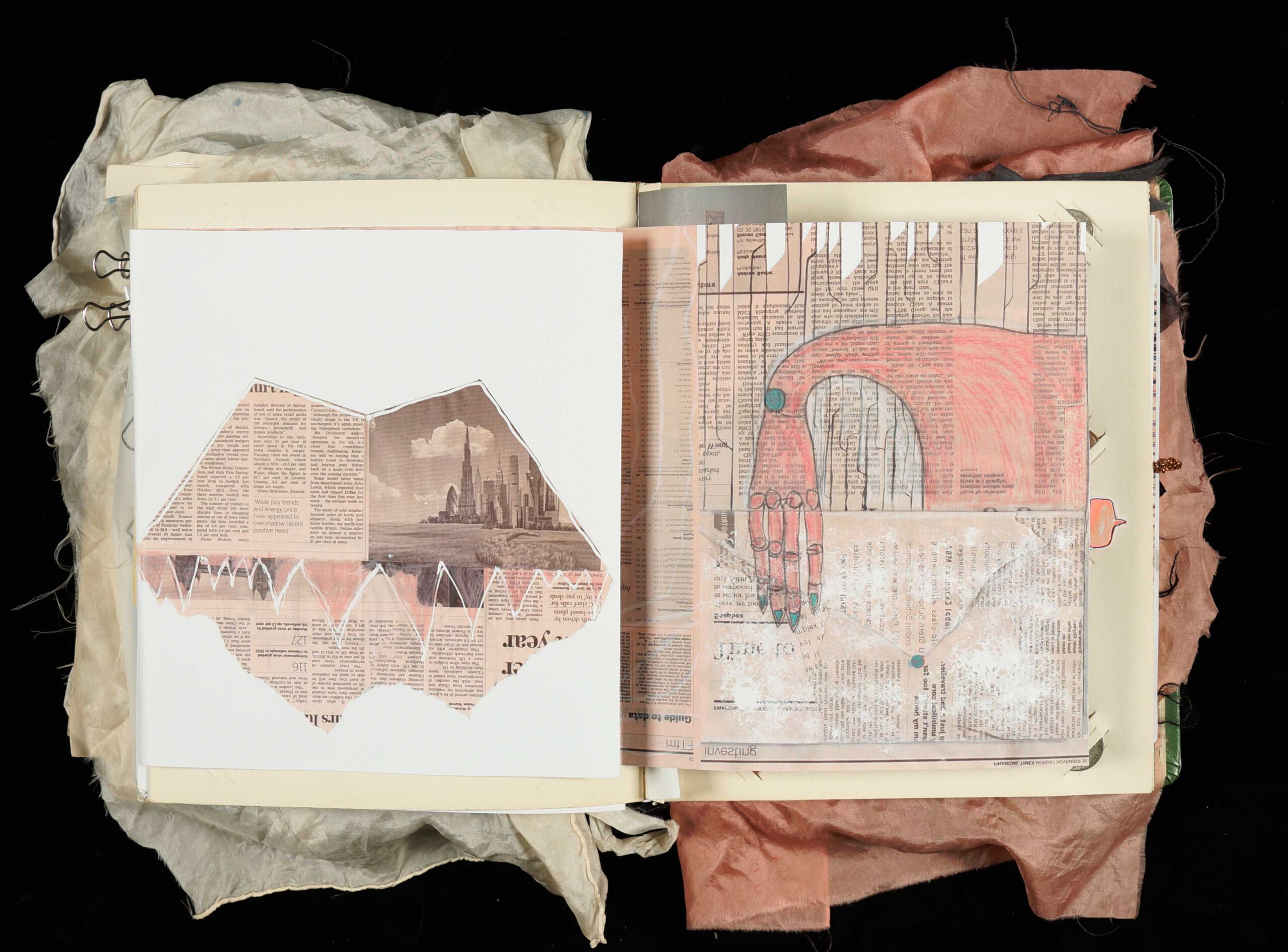 Newspaper Collage - vampire mouth made out of Financial Times. Illustration of a hand on a letter.