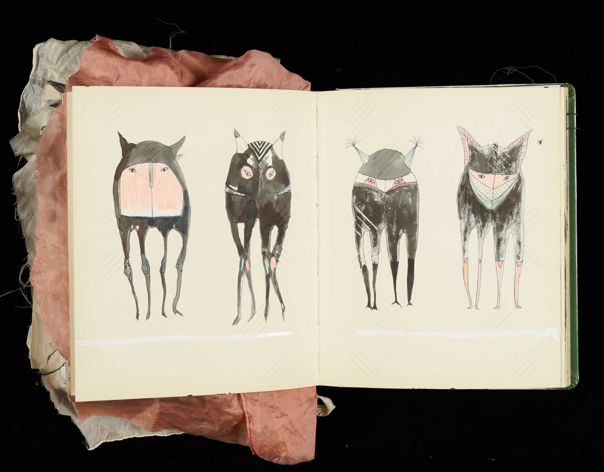 Ink drawings of hand creatures. Sketch Book by Susan Buckow.