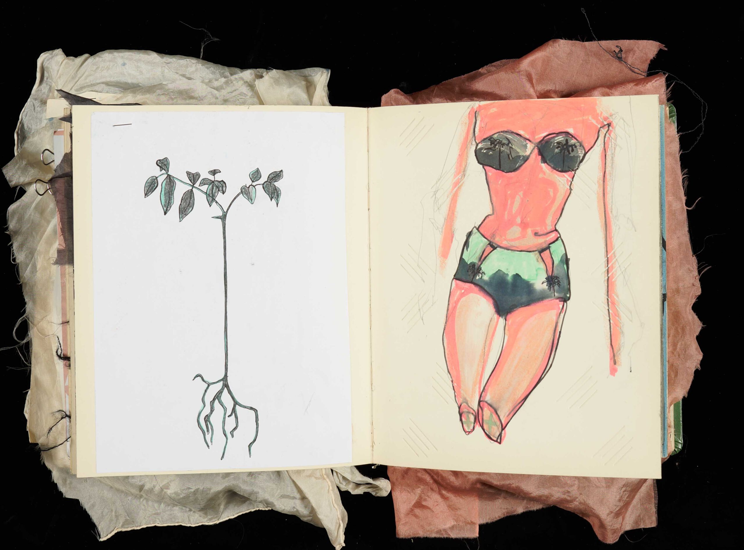 Fashion illustration with hand-drawn delicate plant in an artist book.