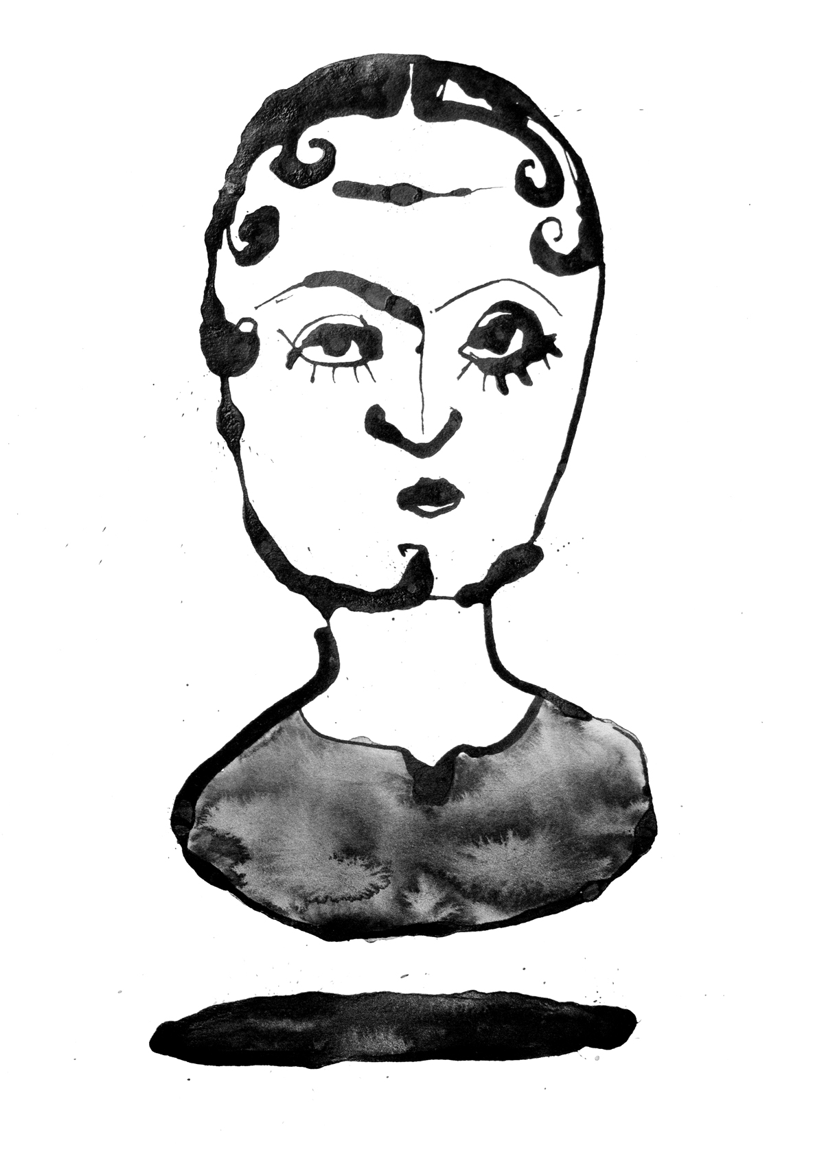 Tuschezeichnung eines schwebenden Frauen-Oberkörpers wie beim Zauberer