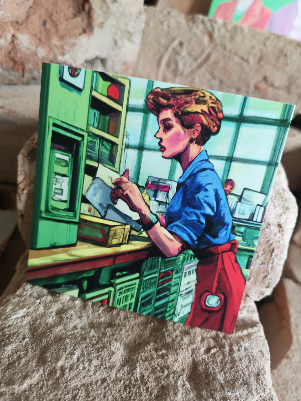 Soviet inspired imageof female worker in a shop in exhibition.