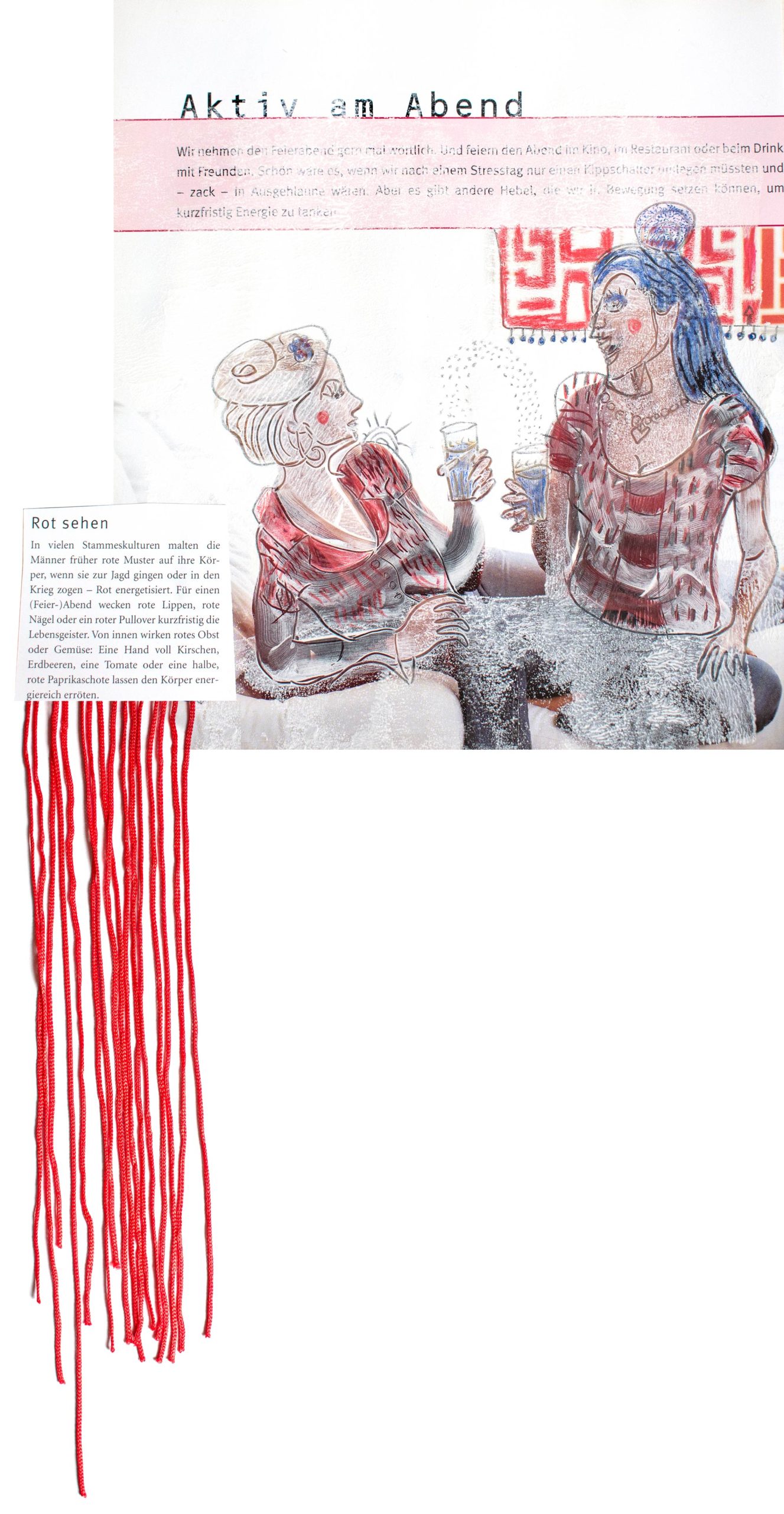 Freie Zeichnung mit roten Textilfransen und zwei Frauen mit Weingläsern
