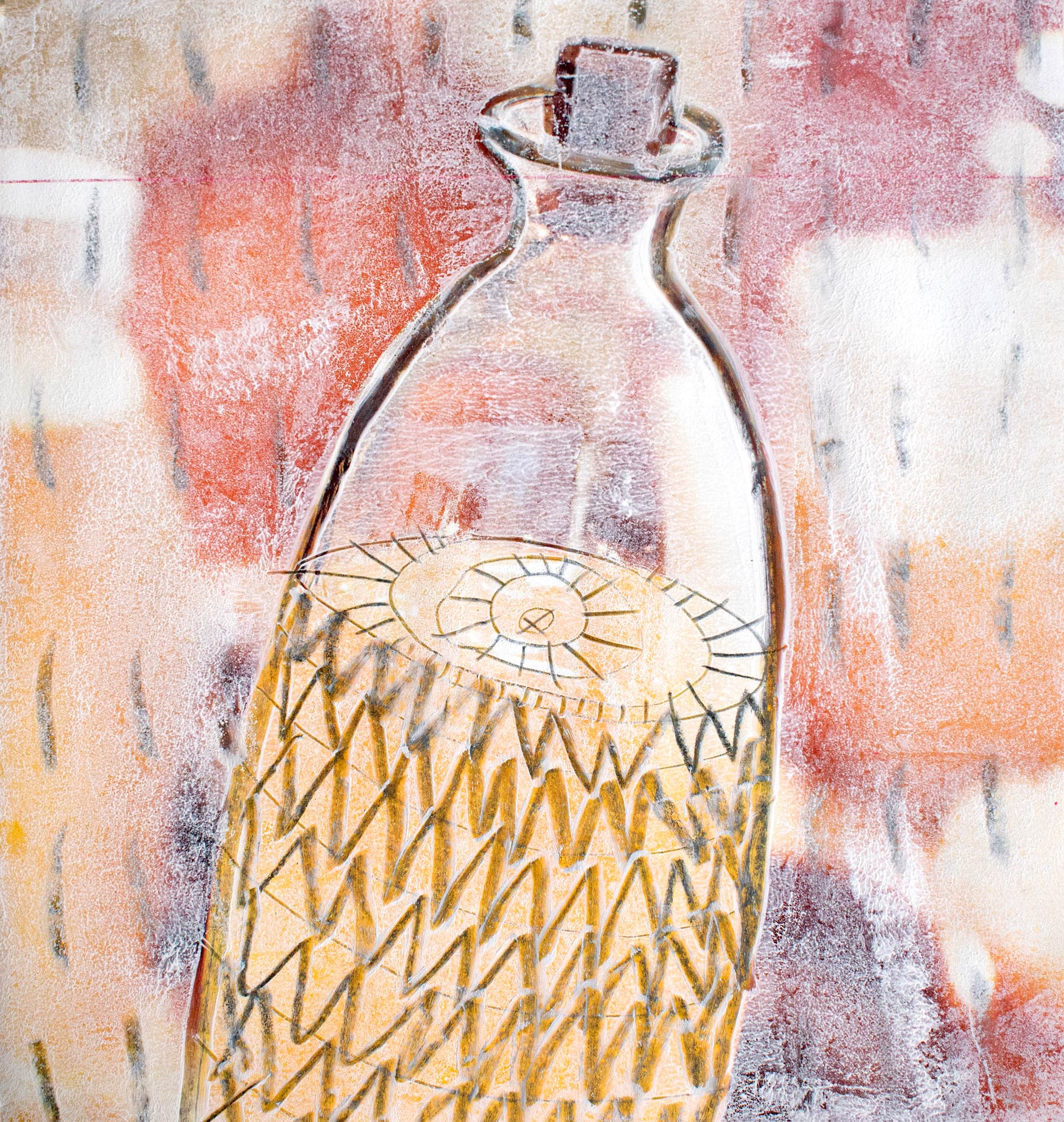 Bottle with electricity, yellow liquid and sun inside