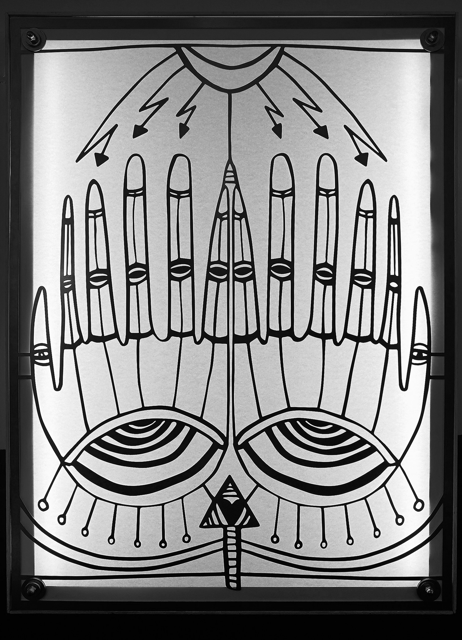 Zwei gezeichnete Haende mit Blitzen in einem Leuchtkasten bei der Digitalmesse re:publica 2023