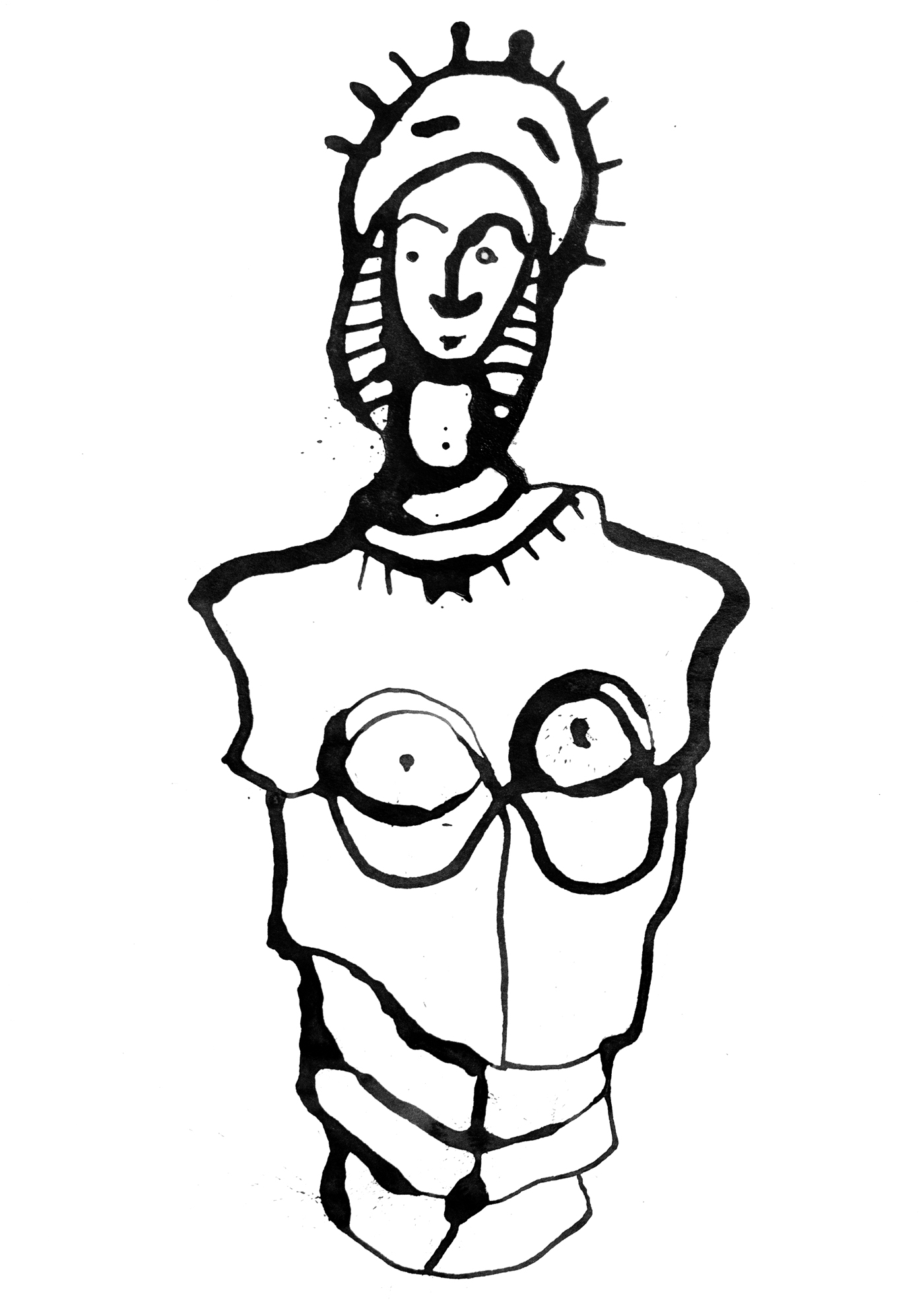 Abstrakt-künstlerische Tuschezeichnung einer Puppe mit stachliger Kopfbedeckung