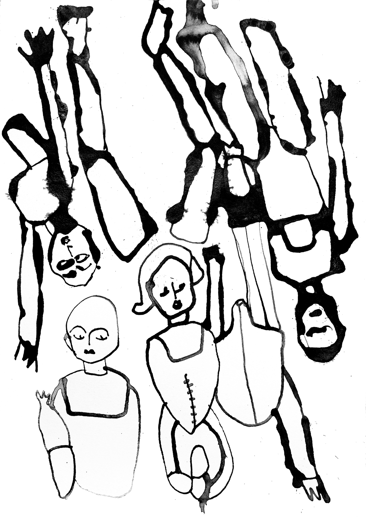 Tuschezeichnung einer Anammlung an mehreren Puppen und Puppenteilen wie einzelnen Beinen