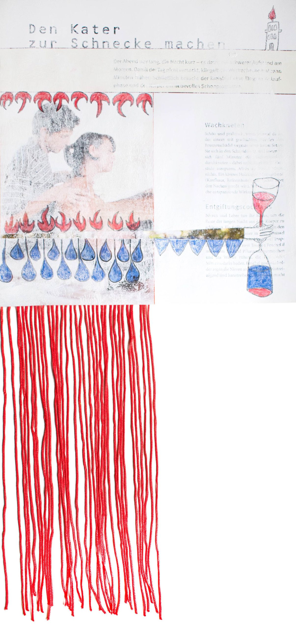 Zeichnung mit roten Fransen, Feuer und Wasser