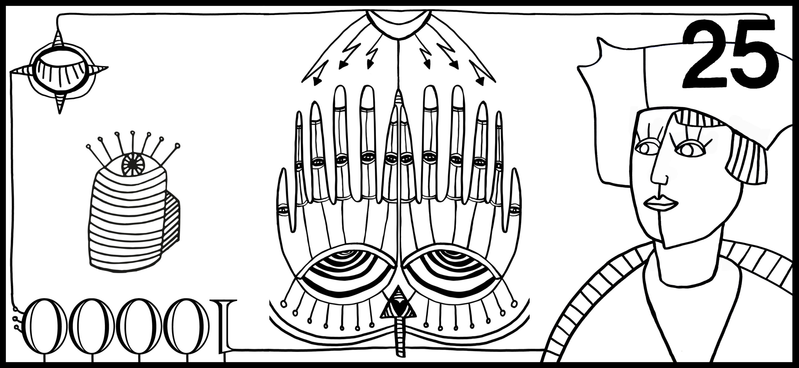 Digitale Zeichung eines fiktiven Geldscheins mit Haenden und Portrait von Susan Buckow