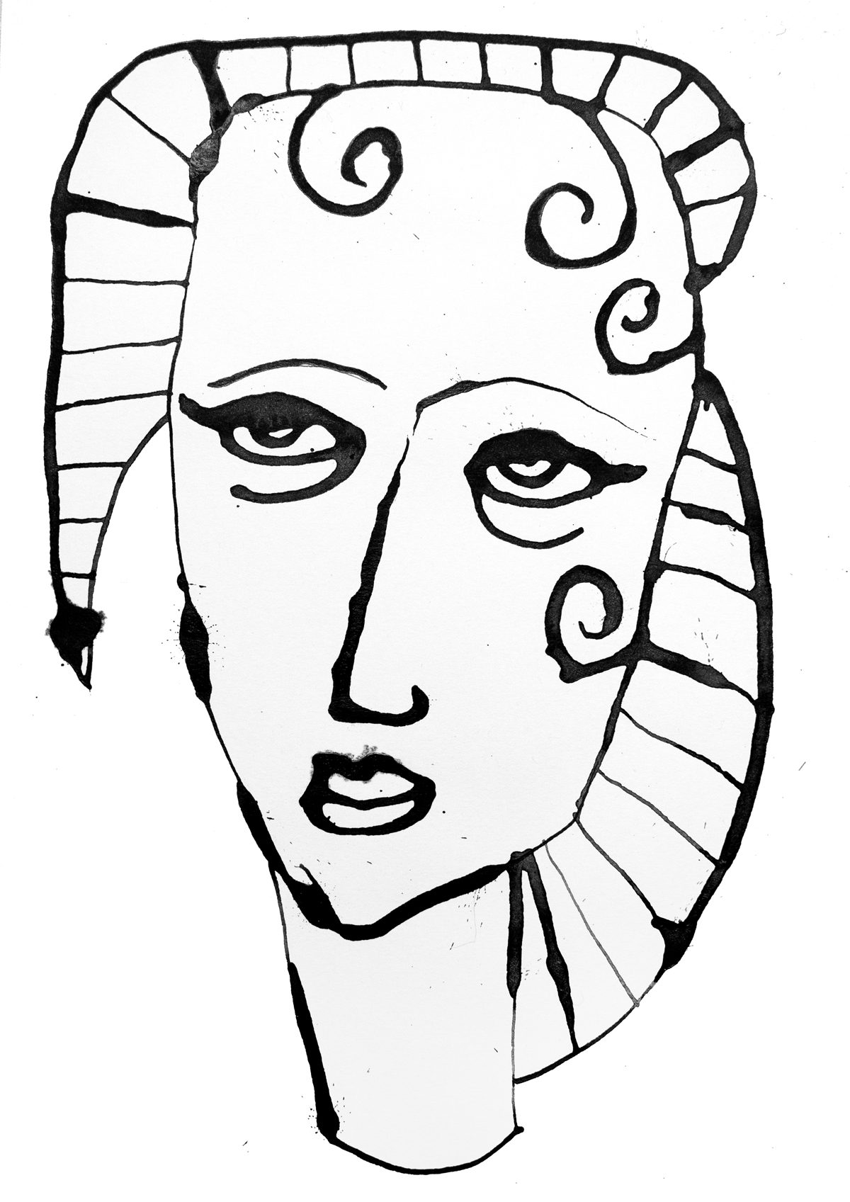 Tuschezeichnung eines Portraits mit 3 einzelnen Locken