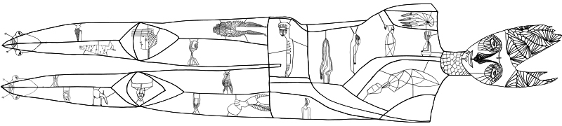 Digital drawing of horizontal figure with creatures inside of it