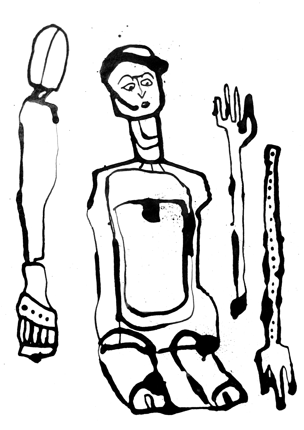 Tuschezeichnung einer Puppe in Einzelteilen mit separaten Armen