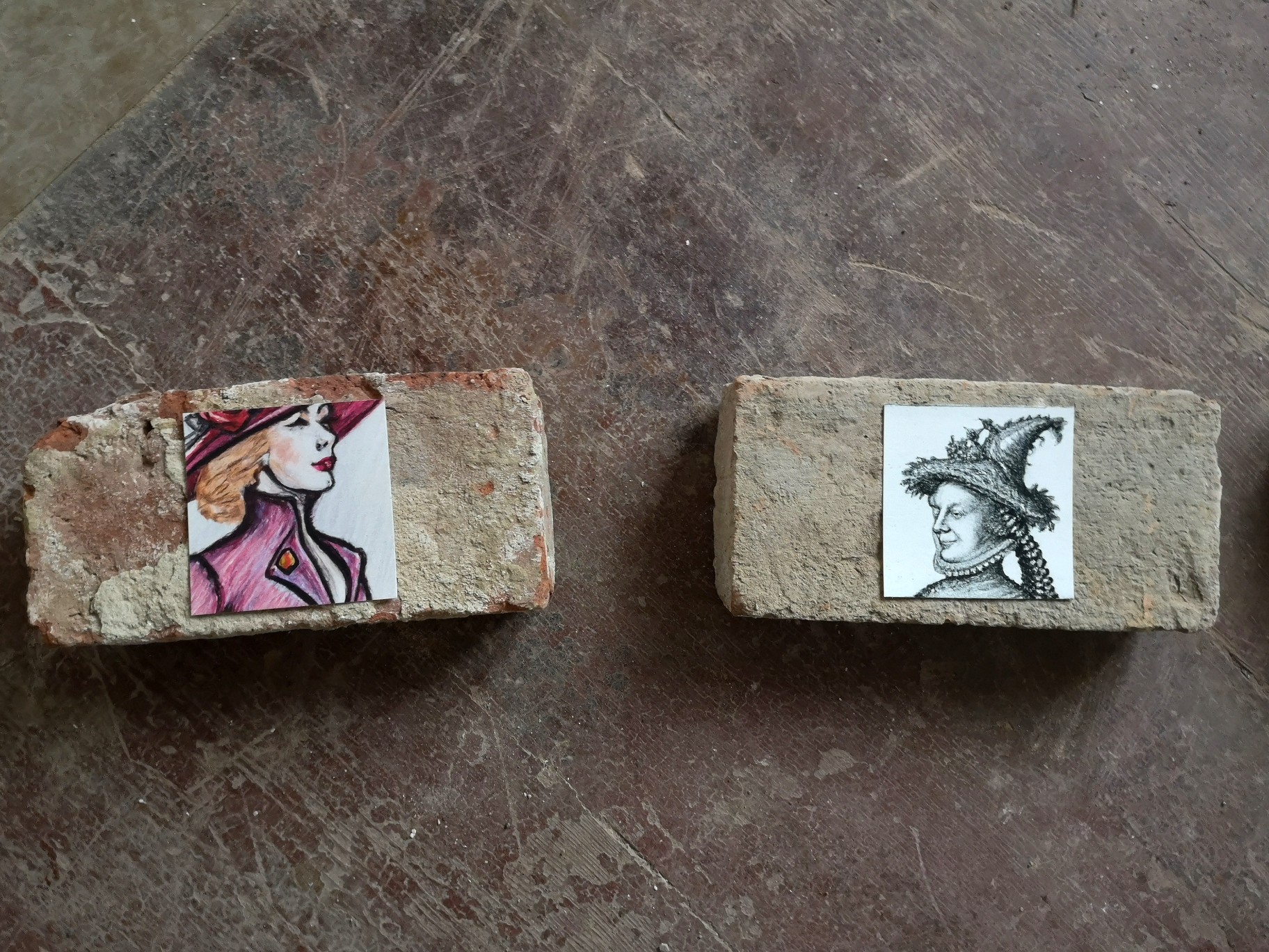 Two women from different times looking at each other from AI-created images on old brick stones.