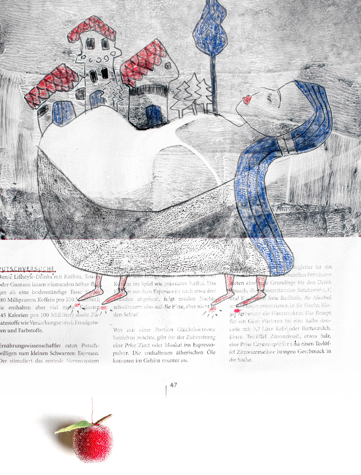 Schneewittchen mit plastischem Apfel - Buntstiftzeichnung über Buchseite