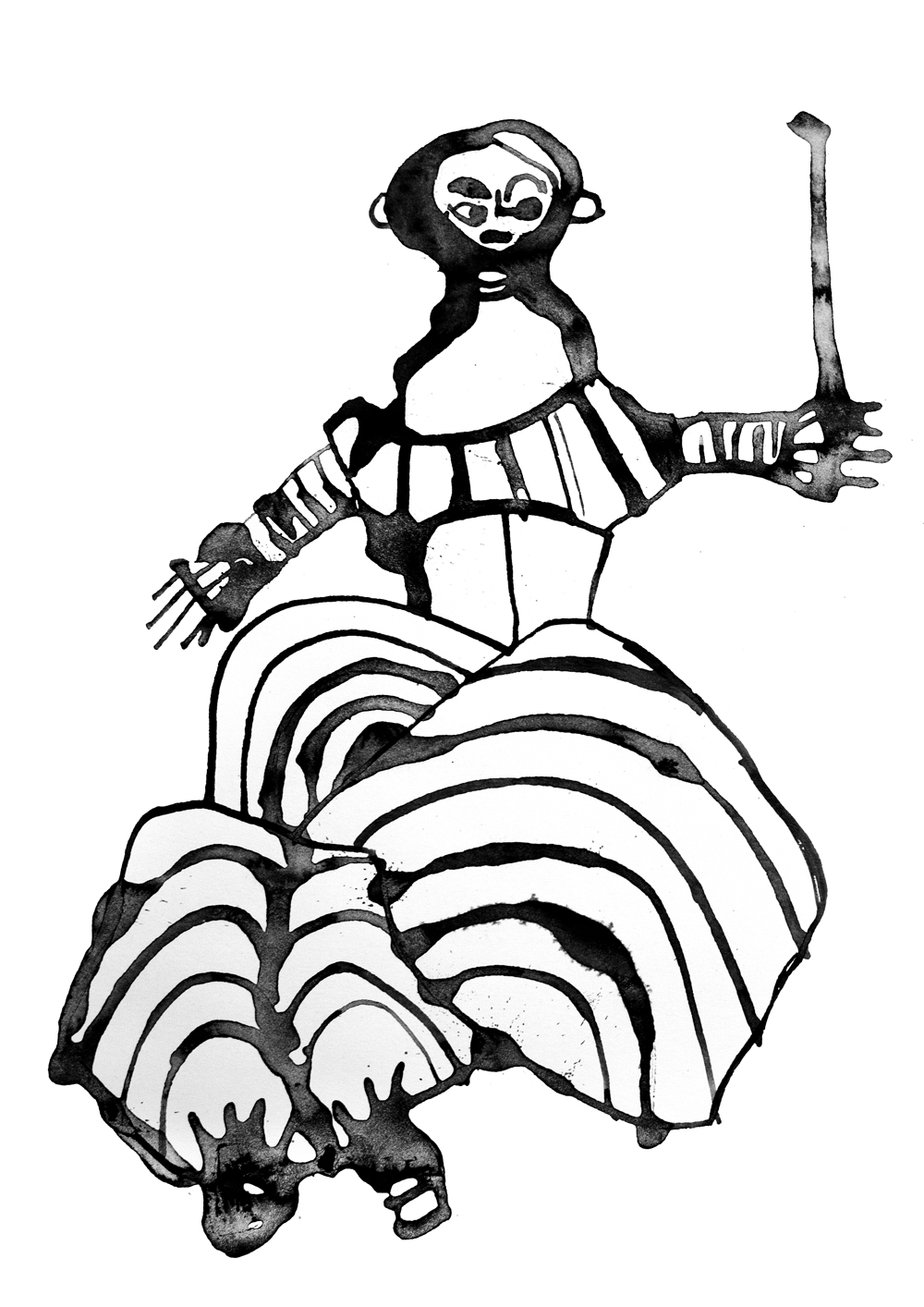 Tuschezeichnung einer guten Fee mit Zauberstab und gestreiftem Ballkleid