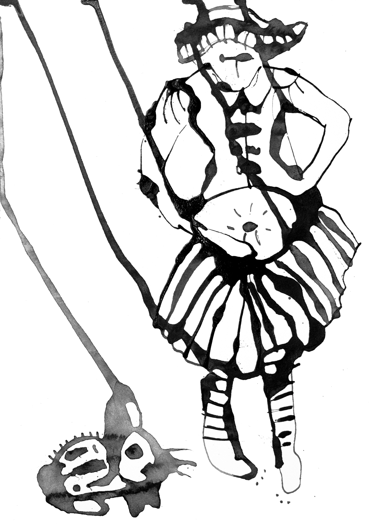 Tuschezeichnung einer Marionette an Fäden mit einem Kaninchen von Susan Buckow