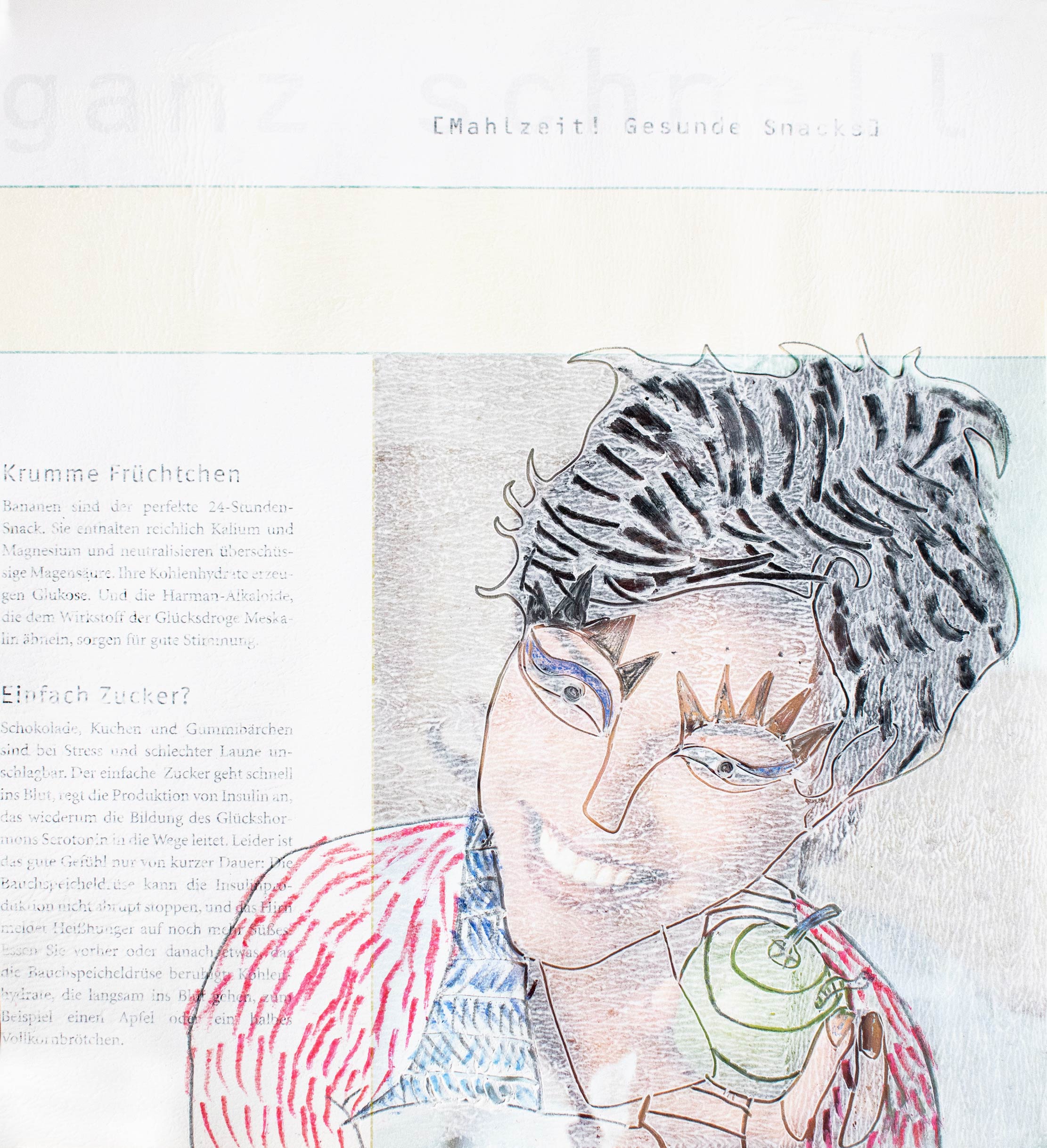 Übermalung einer Buchseite mit Zeichnung einer Dame mit gesundem Apfel