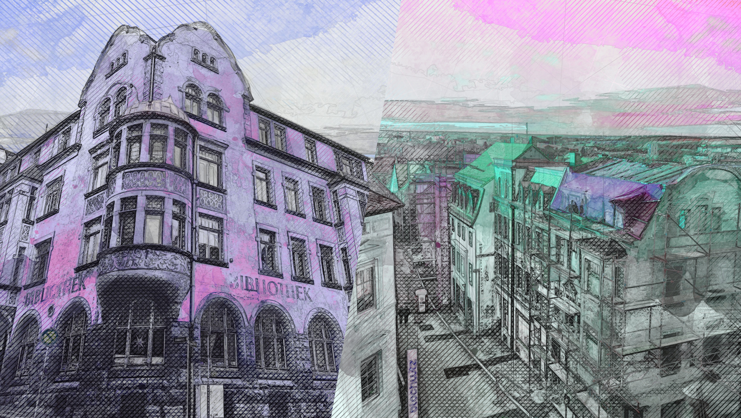 Grafik mit der Alten Bibliothek in Zeitz, mintgrün-lila farbiger Rasterdruck