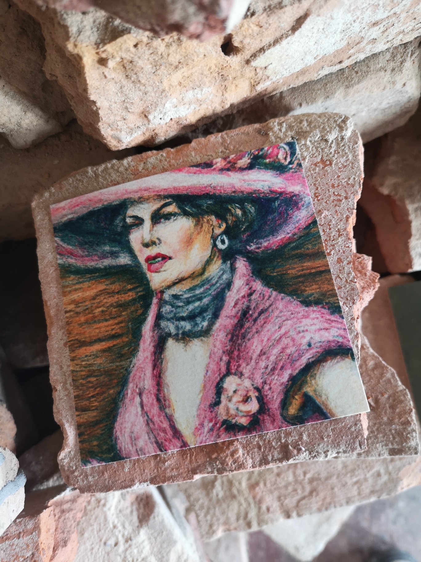 Ai created pastel drawing of fictious elegant pink lady with big hat from old times.