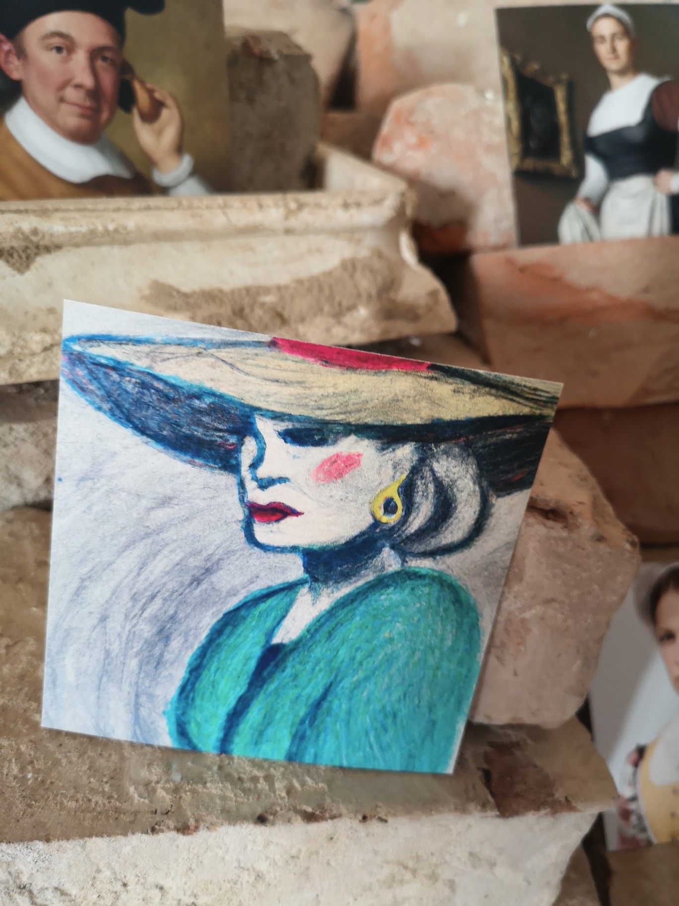 Ai created pastel drawing of fictious elegant green lady with big hat from old times.