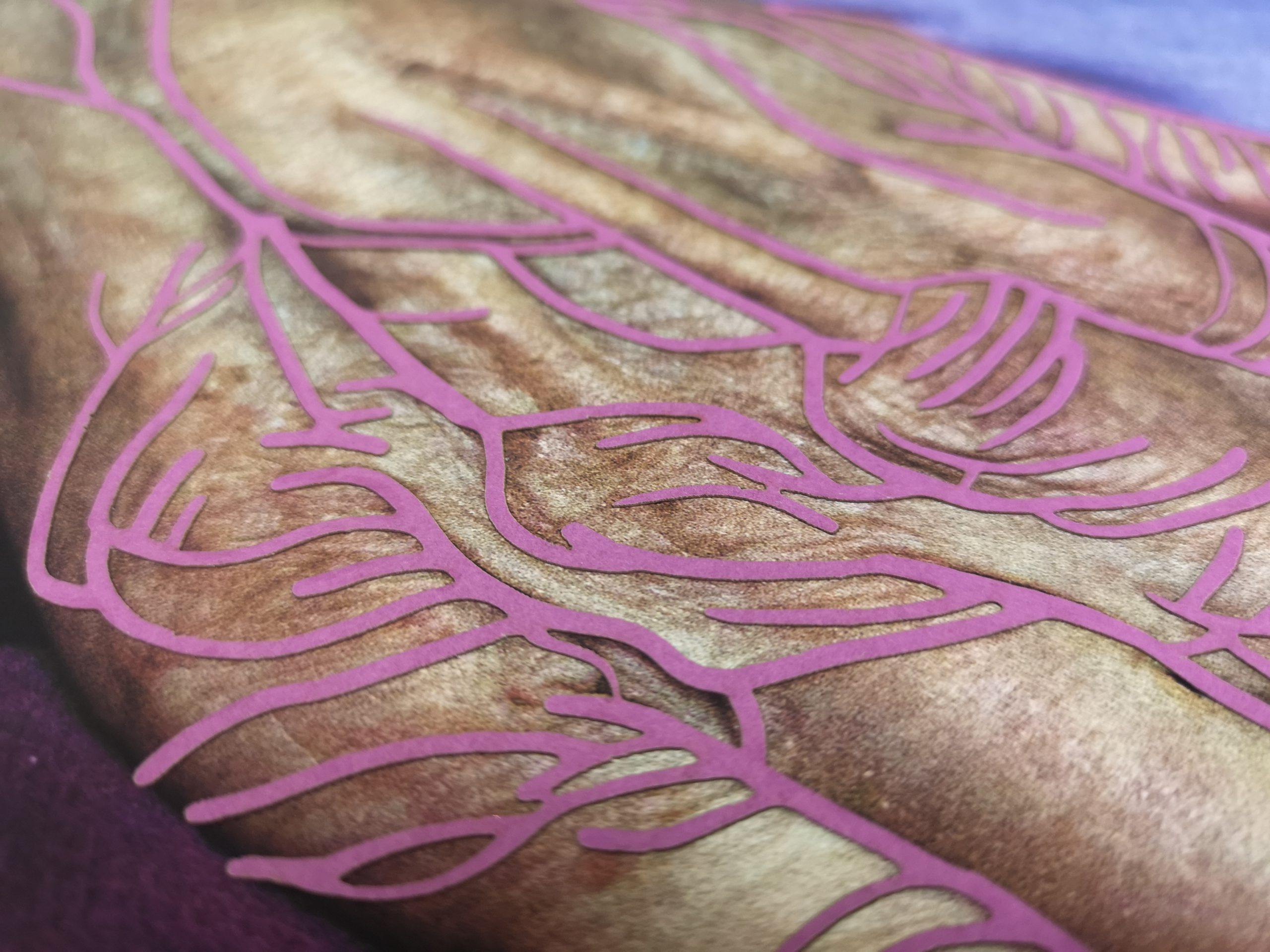 Violetter Lasercut mit nachgezeichneten Falten einer Hand