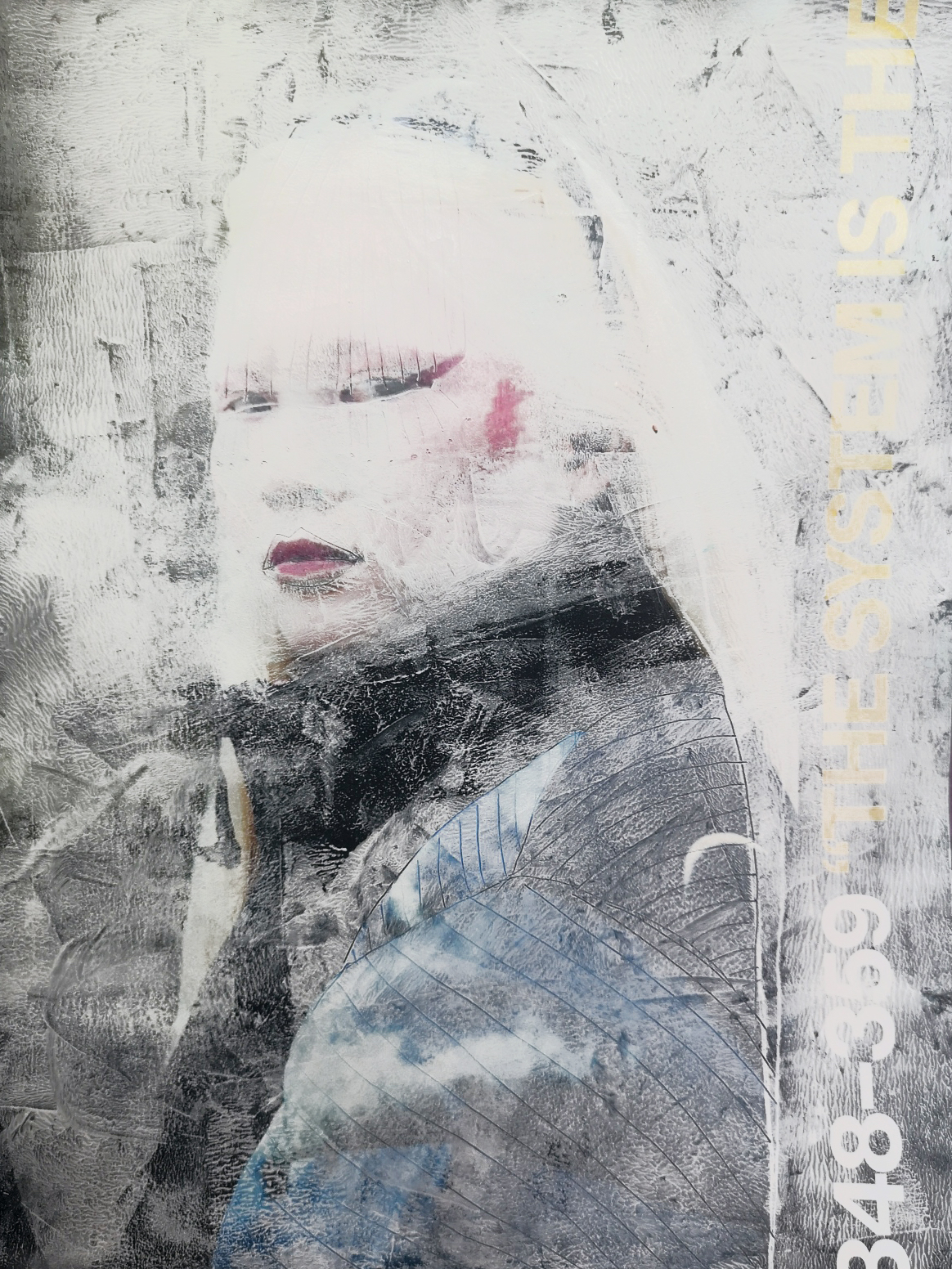 Modische Übermalung, Modecollage mit weißer Acrylfarbe und junger Frau mit asiatischen Gesichtszügen