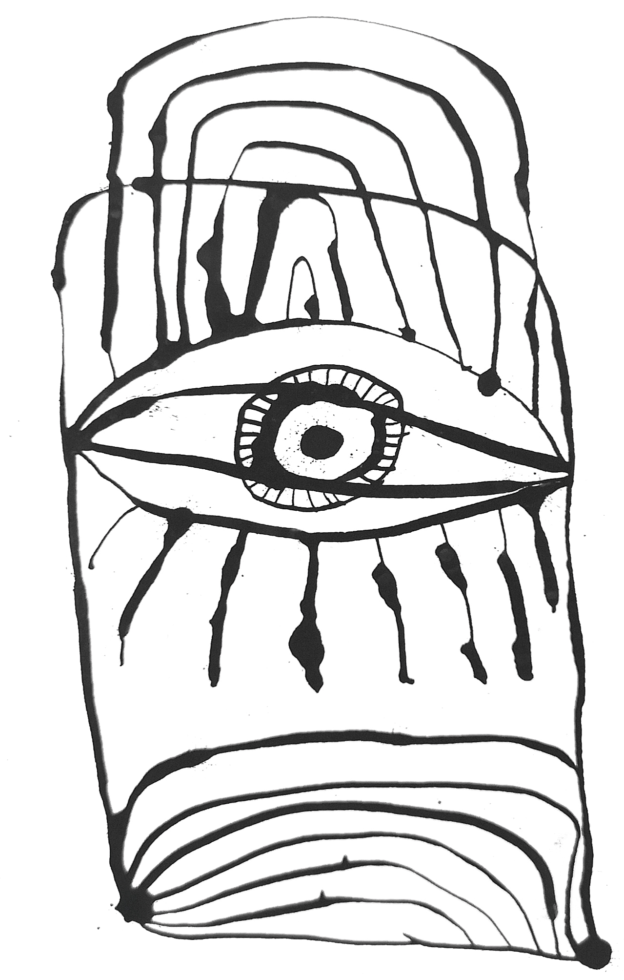 Tuschezeichnung mit Balken über dem Auge.