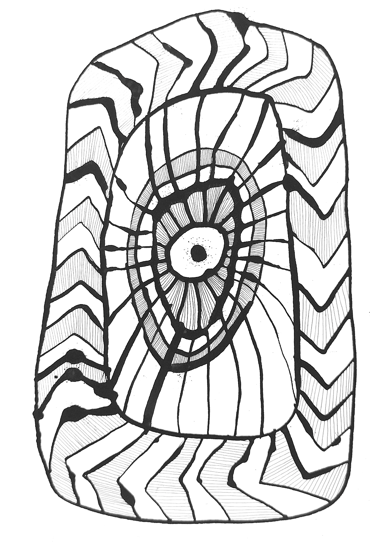 Tuschezeichnung mit Rahmen aus Zickzack-Muster