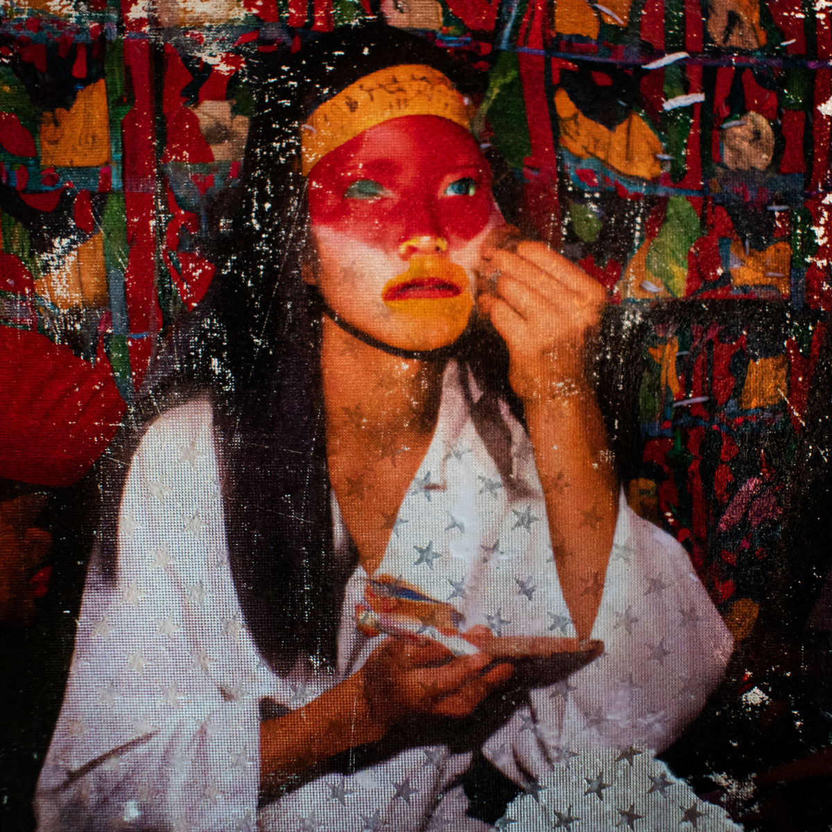 AI created young woman applying red make up to her face