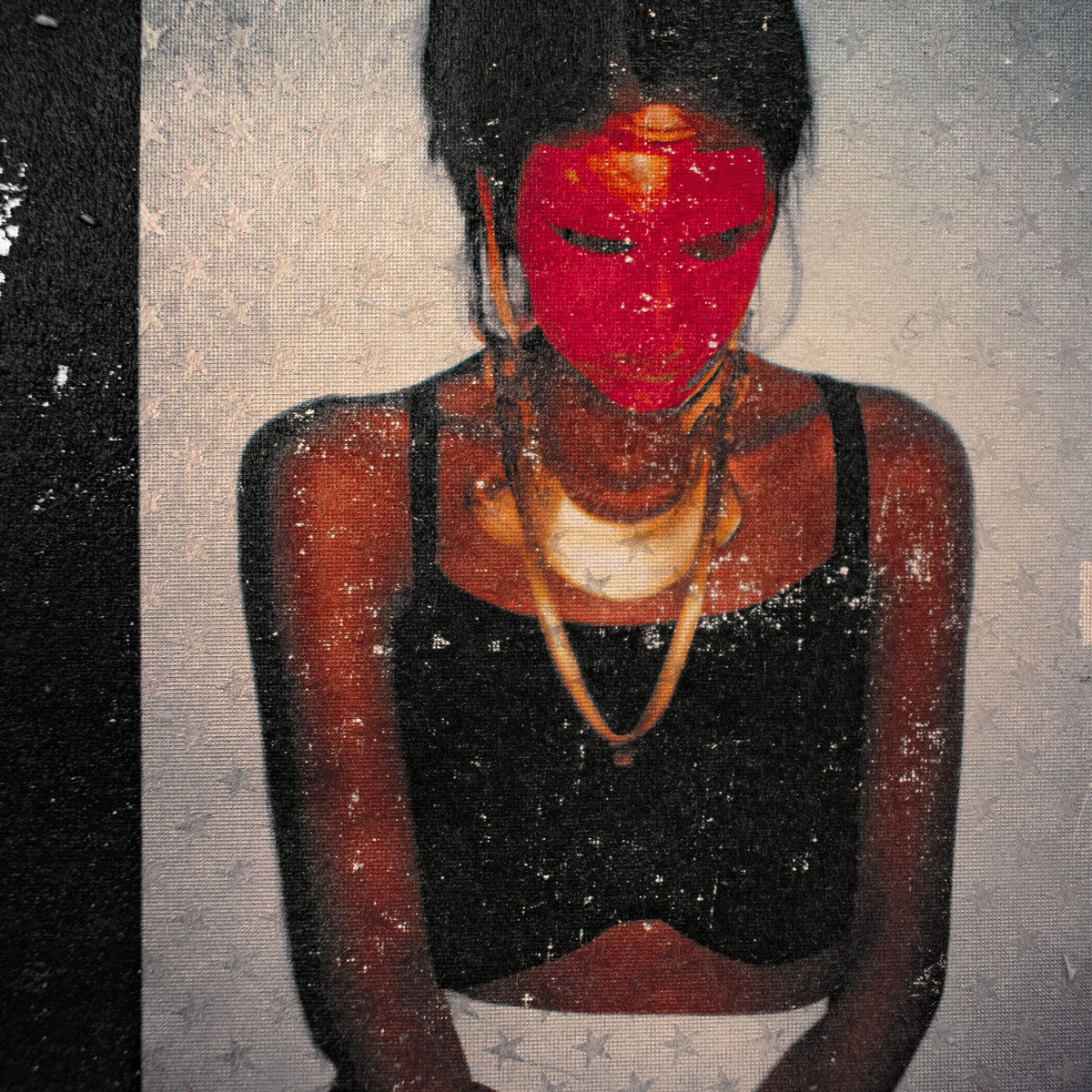 Girl Goddess with bright red face mask. AI created powerful females. Fake photo documentary about former prostitutes of India´s Falkland Road by Susan Buckow.