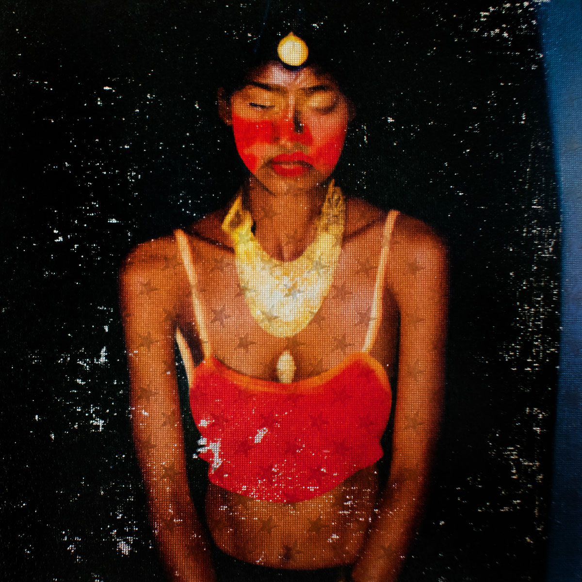 Young Indian woman resembling as goddess with red face paint. AI created hommage to Mary Ellen Mark´s photo series of the former prostitutes of Faland Road.