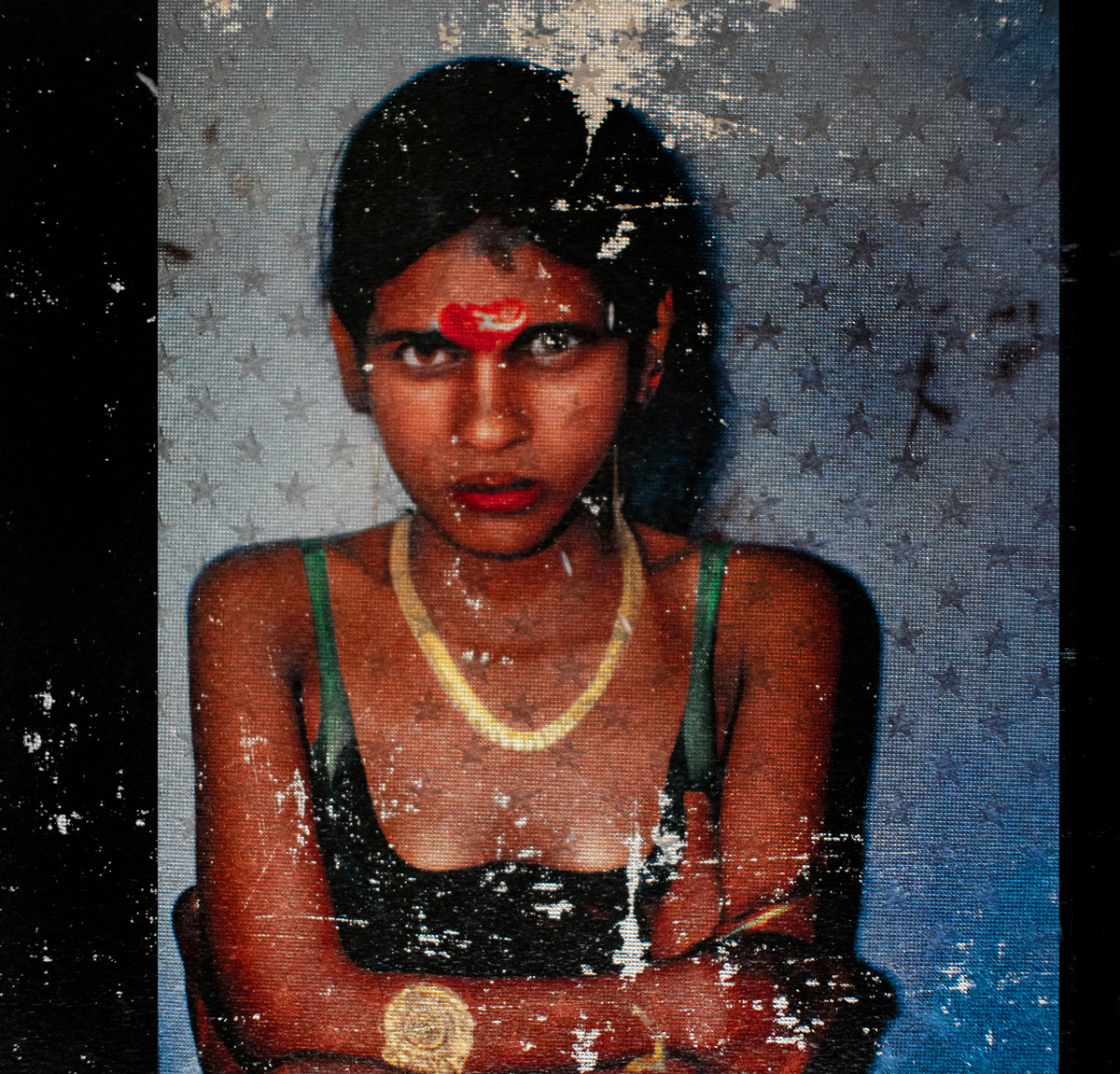Indian girl with starry background and strong-willed gaze. AI co-created fictional artistic photo documentary about former prostitutes of India´s Falkland Road after 2020, living a free life.