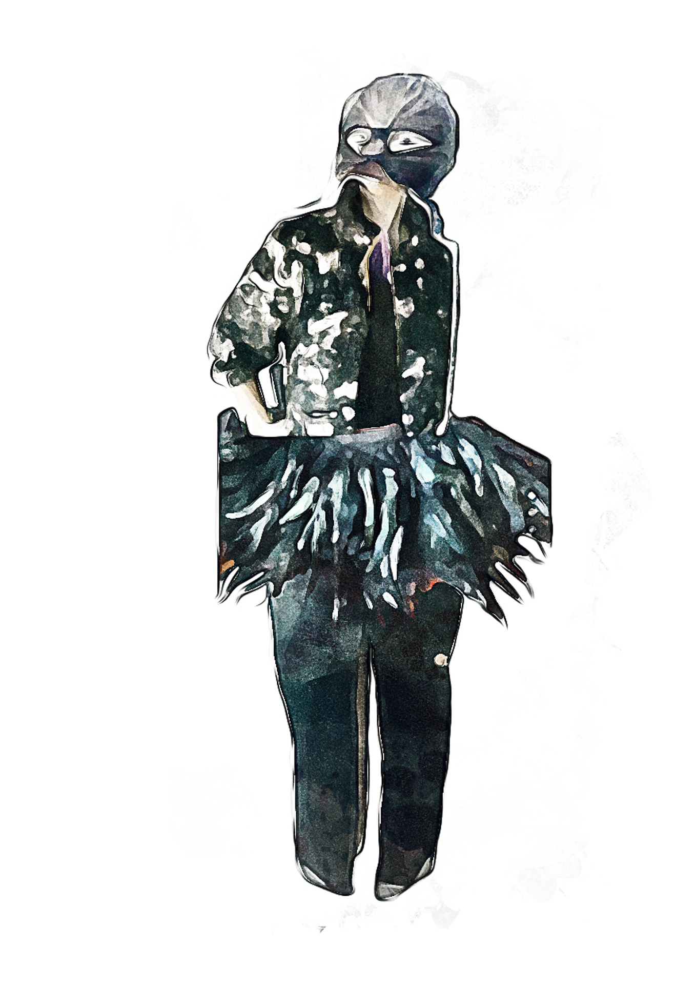 Digitale Illustration mit ungewöhnlicher Frisur und Federrock - Kostümbildentwurf für die Welt danach in der Katharinenruine Nürnberg