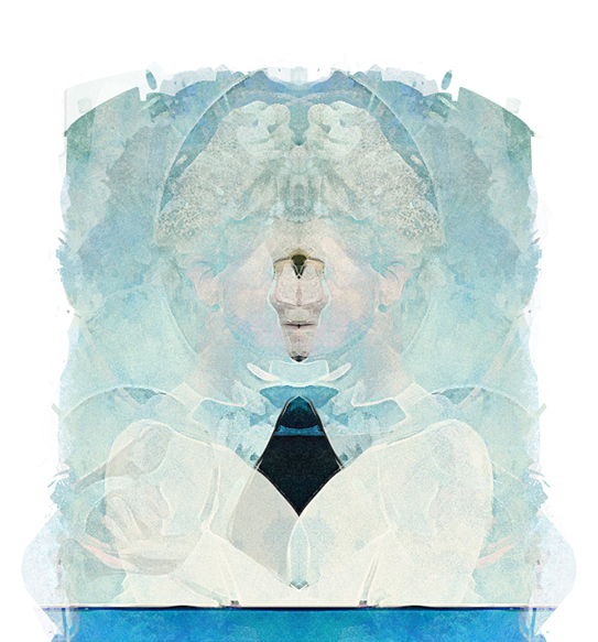 Abstract light blue digital illustration of female in space