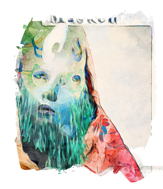 Kostümbildentwurf für grüne Gesichtsmaske mit Bart