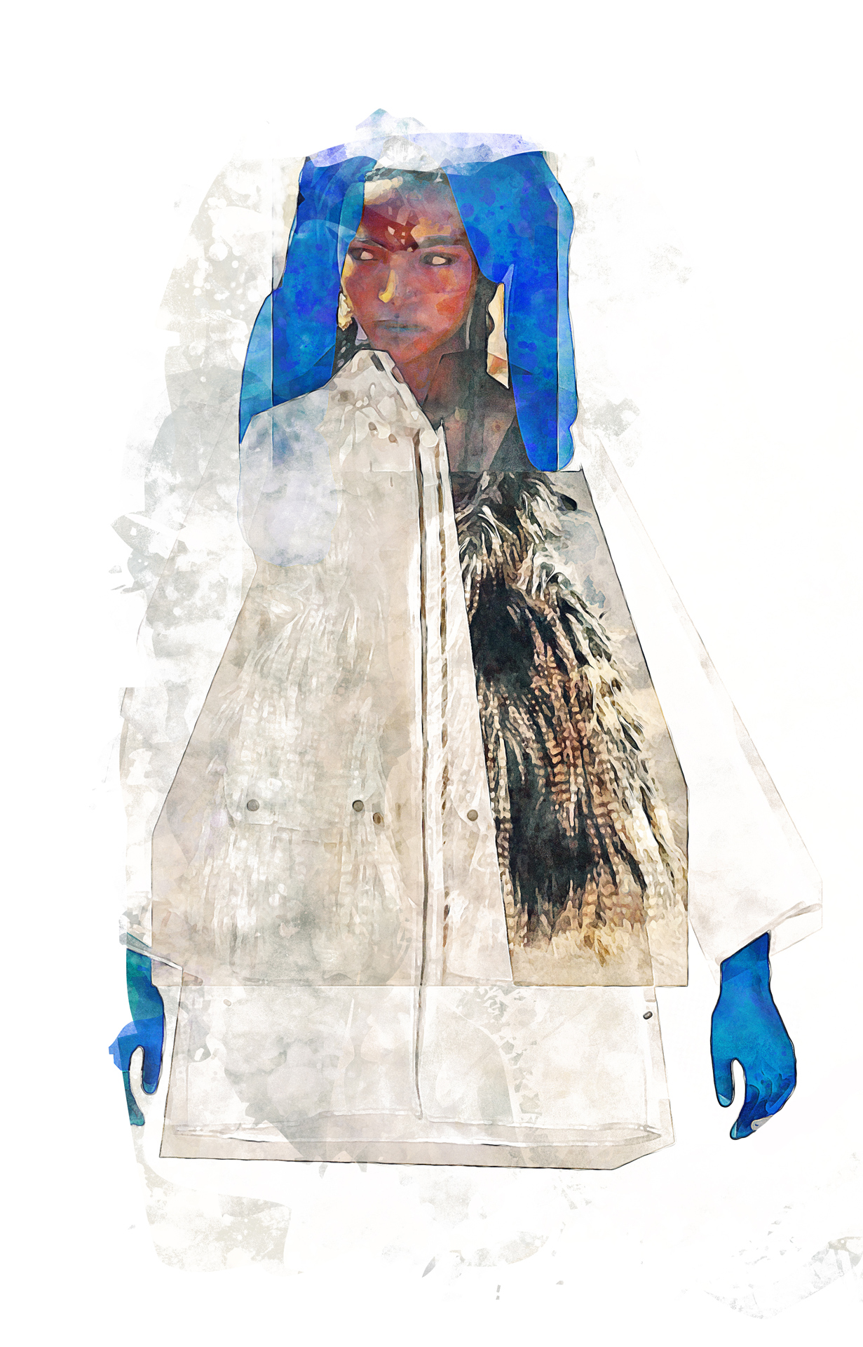Digital Costume Design Illustration with Fur and blue Hair